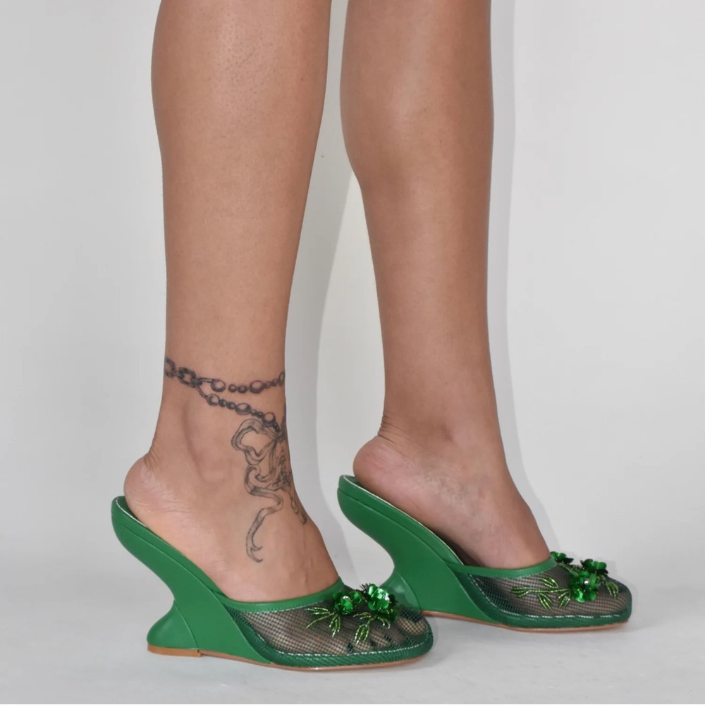 Green Wedge Heels with Floral Detail